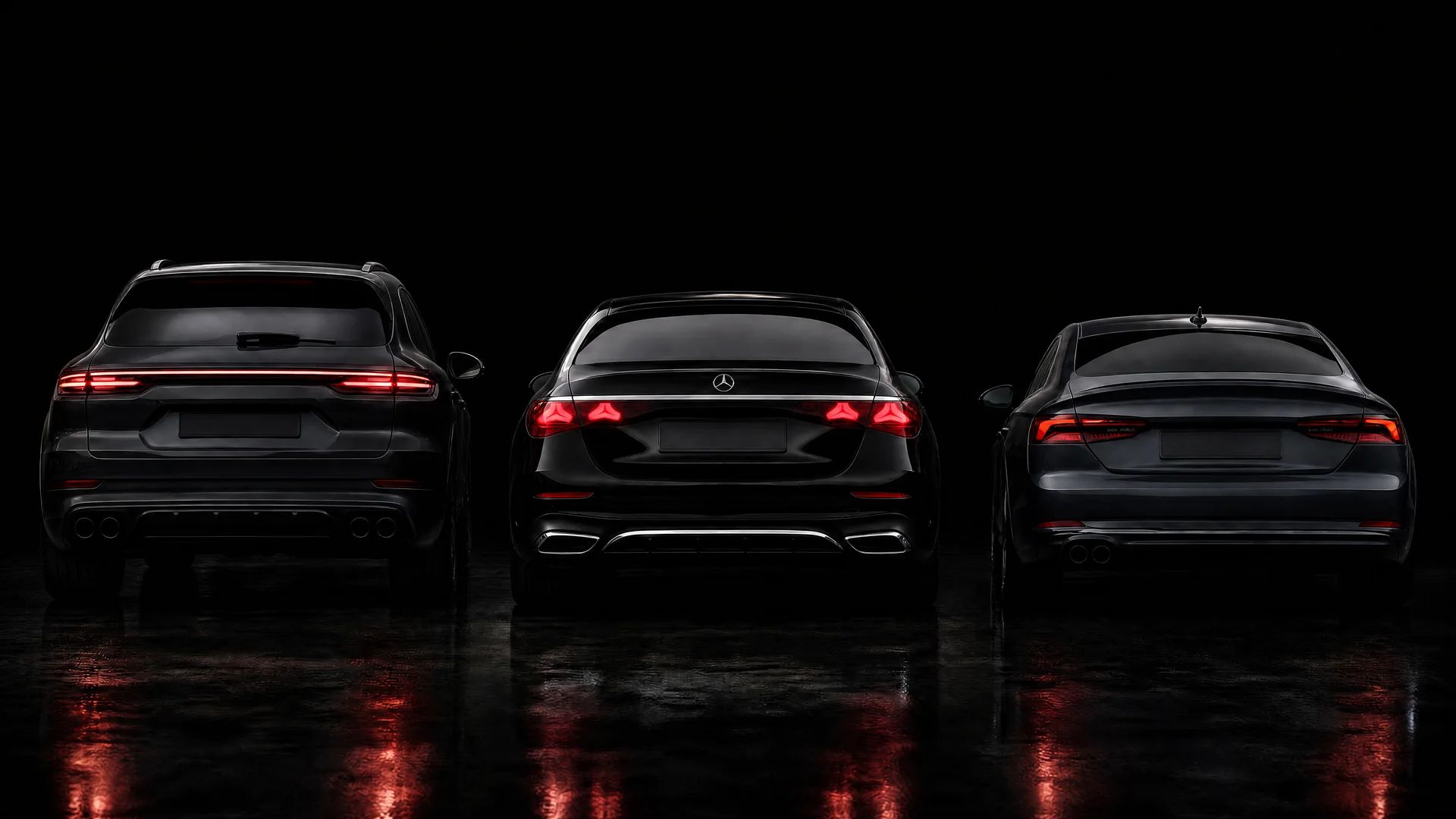 Porsche Cayenne, Mercedes-Benz E-Klasse und Audi A5 Sportback von hinten in einem dunklen Studio